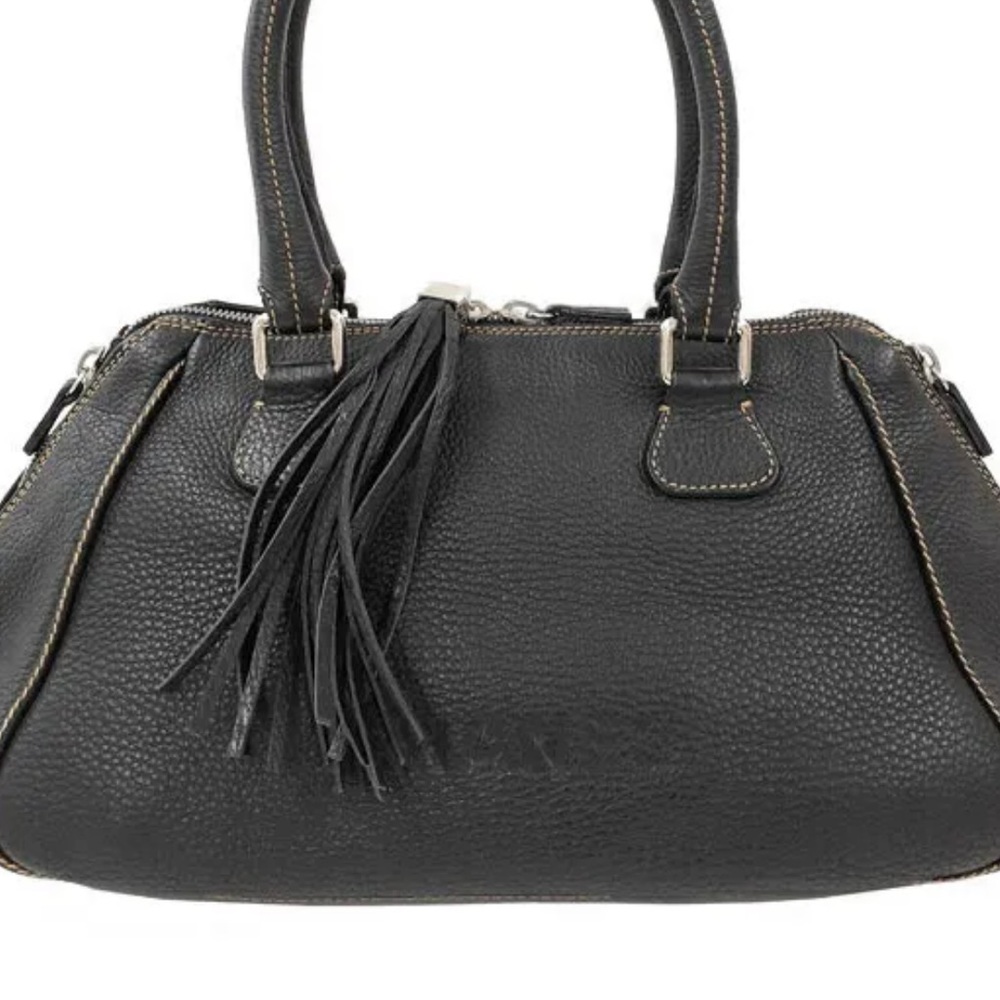 Authentic CHANEL LOGO Leather Tassel Shoulder Hand Bag Purse BLACK